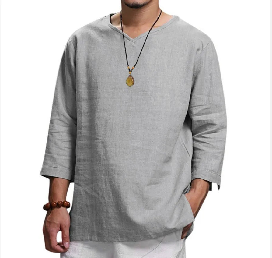 Men's New 3/4 Sleeve Loose Solid Casual Large Shirt 