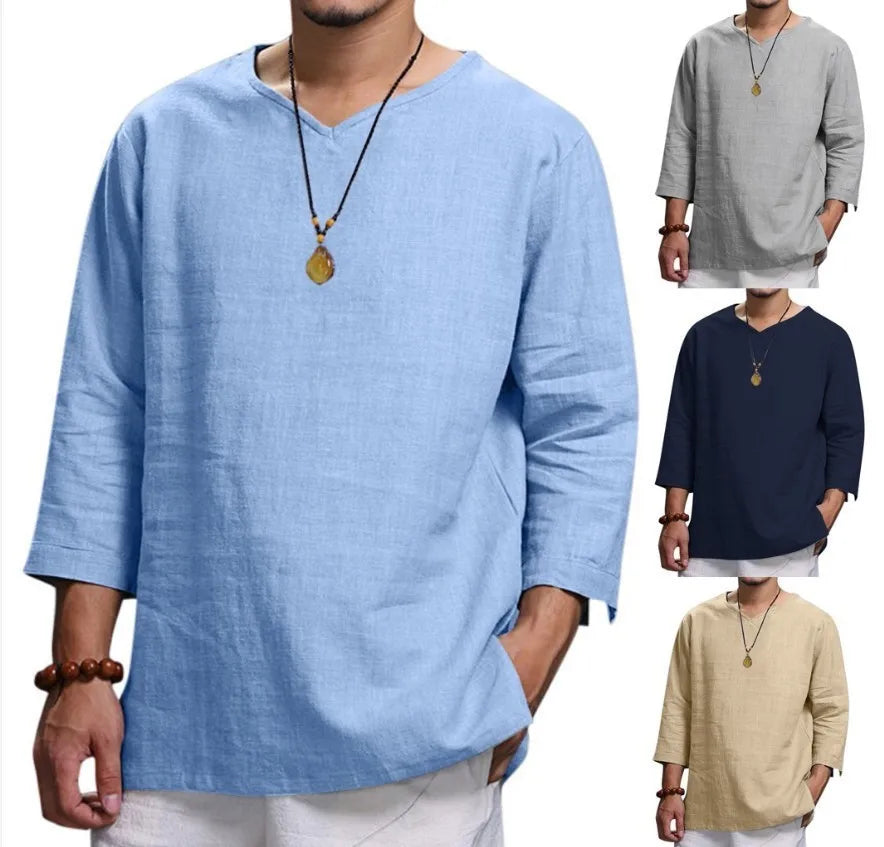 Men's New 3/4 Sleeve Loose Solid Casual Large Shirt 