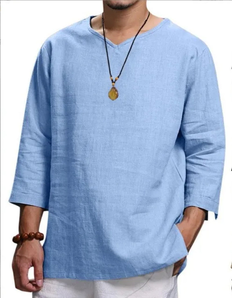 Men's New 3/4 Sleeve Loose Solid Casual Large Shirt 