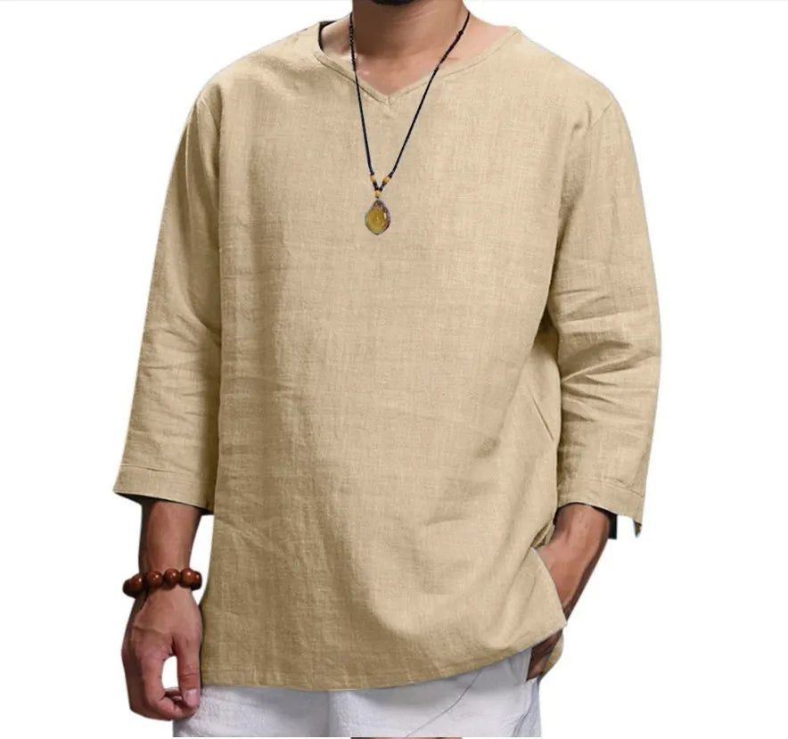 Men's New 3/4 Sleeve Loose Solid Casual Large Shirt 